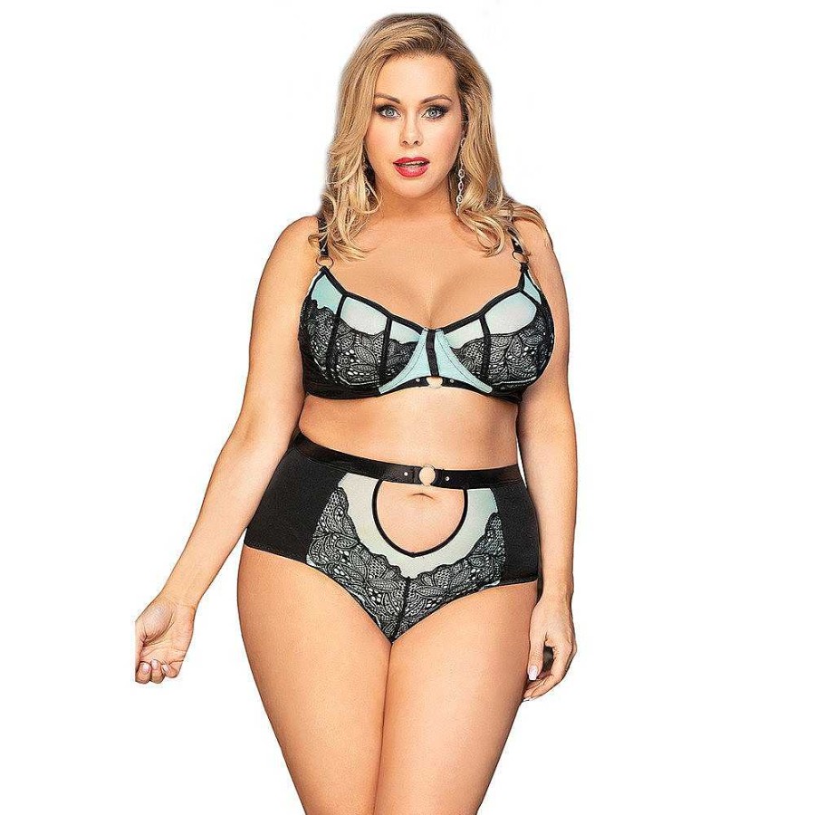 Bondara Belle Bondara Belle Plus Size Mint Bra And High-Waisted Knicker Green And Black Sexy Plus Size Lingerie