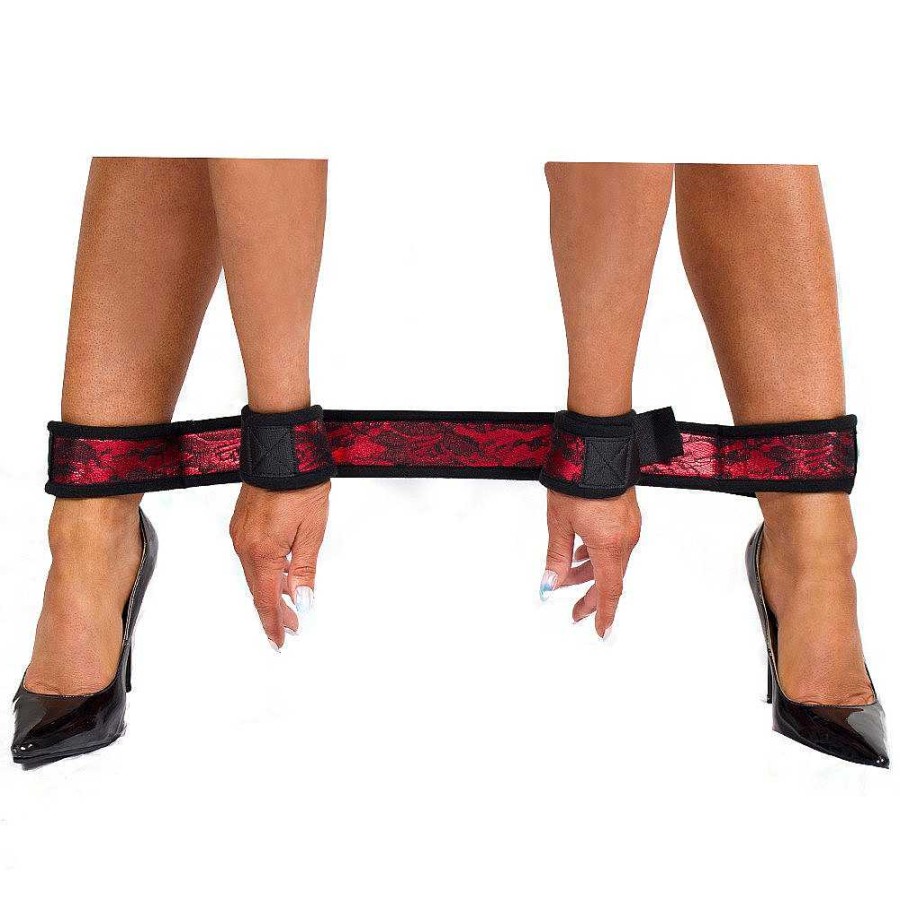 Bondara Boutique Bondara Red Lace Spreader Bar With Handcuffs - 27 Inch Black & Red Bondage Restraints & Handcuffs