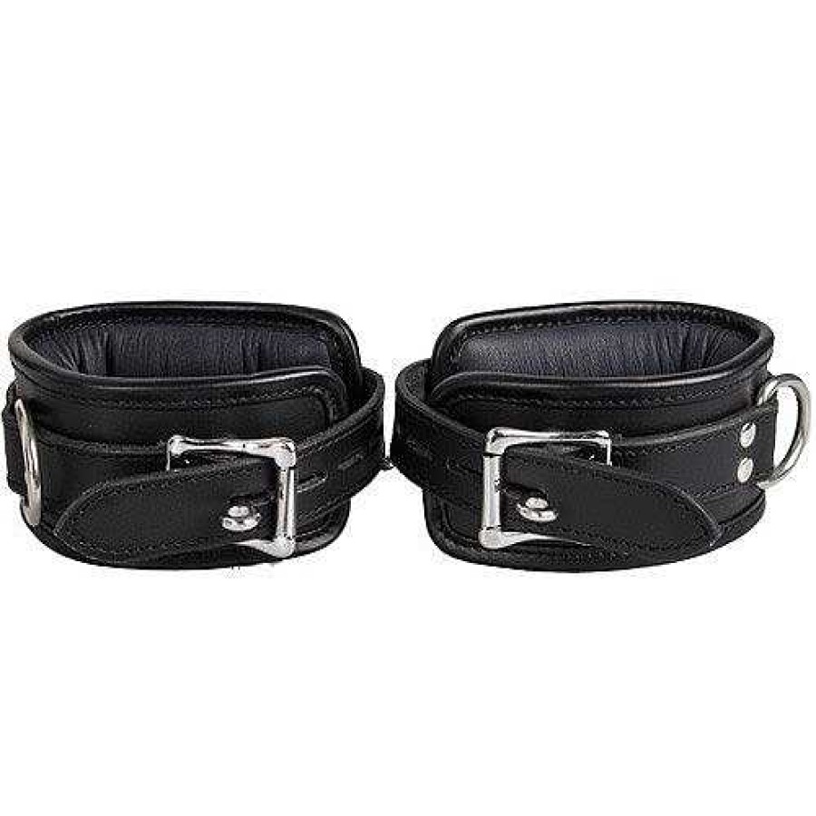 Luxe Bondara Luxe Saddle Leather Heavy Duty Padded Ankle Cuffs Black And Silver Bondage Restraints & Handcuffs