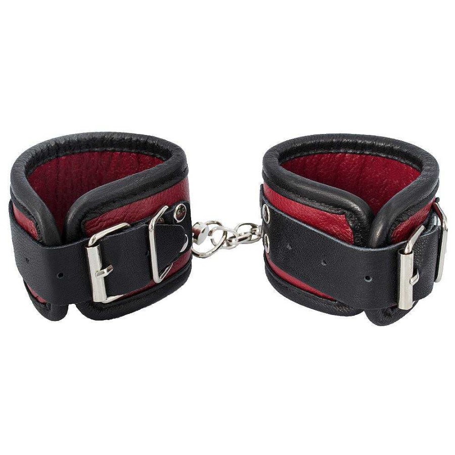 Bondara Bondara Luxe Red Real Leather Handcuffs Red And Black Bondage Restraints & Handcuffs