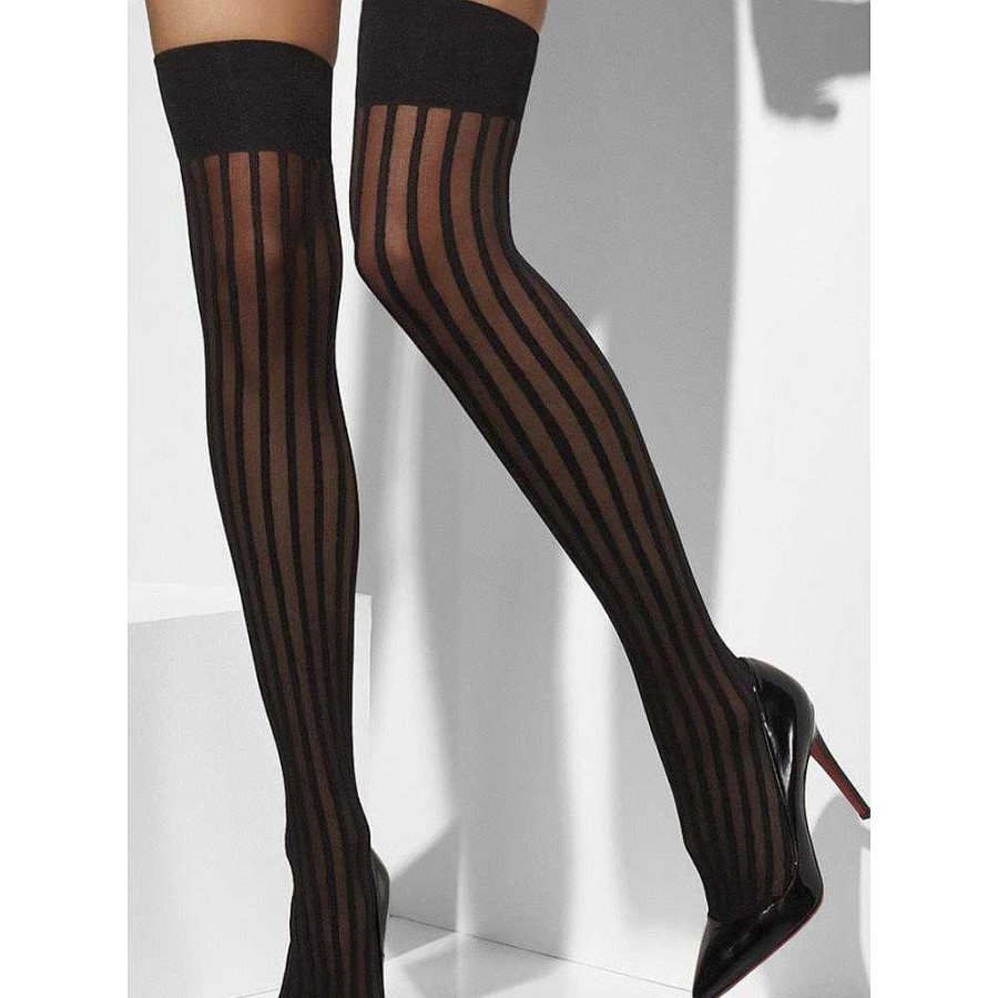 Bondara Walk The Line Striped Hold Up Stockings Black Role Play Costumes & Outfits