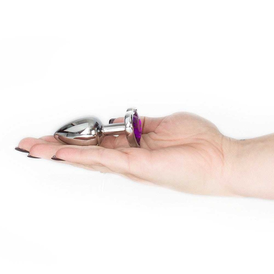 Bondara Bejewelled Purple Metal Heart Butt Plug - 3, 3.5 Or 4 Inch Silver With Purple Stone Anal Toys