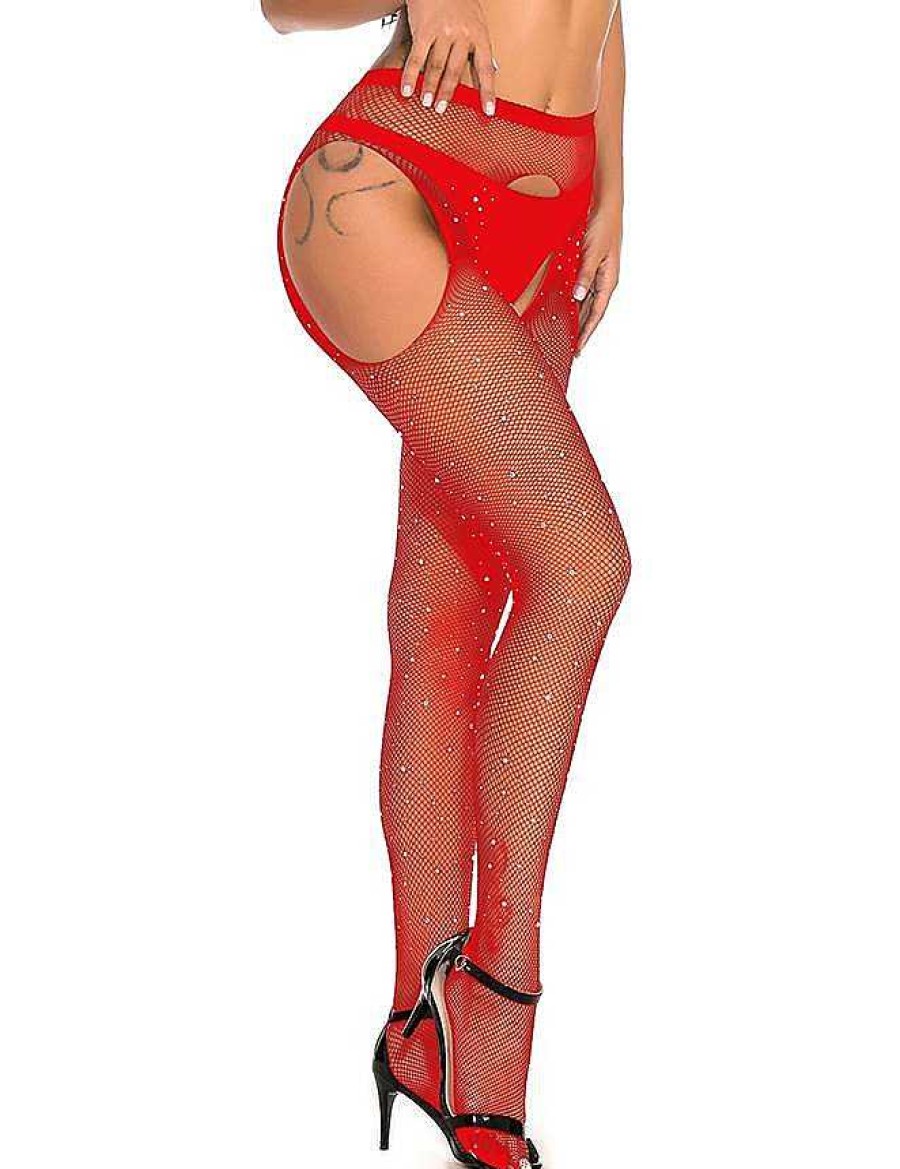 Bondara Flirt Bondara Flirt Diamante Suspender Tights Red Sexy Hosiery