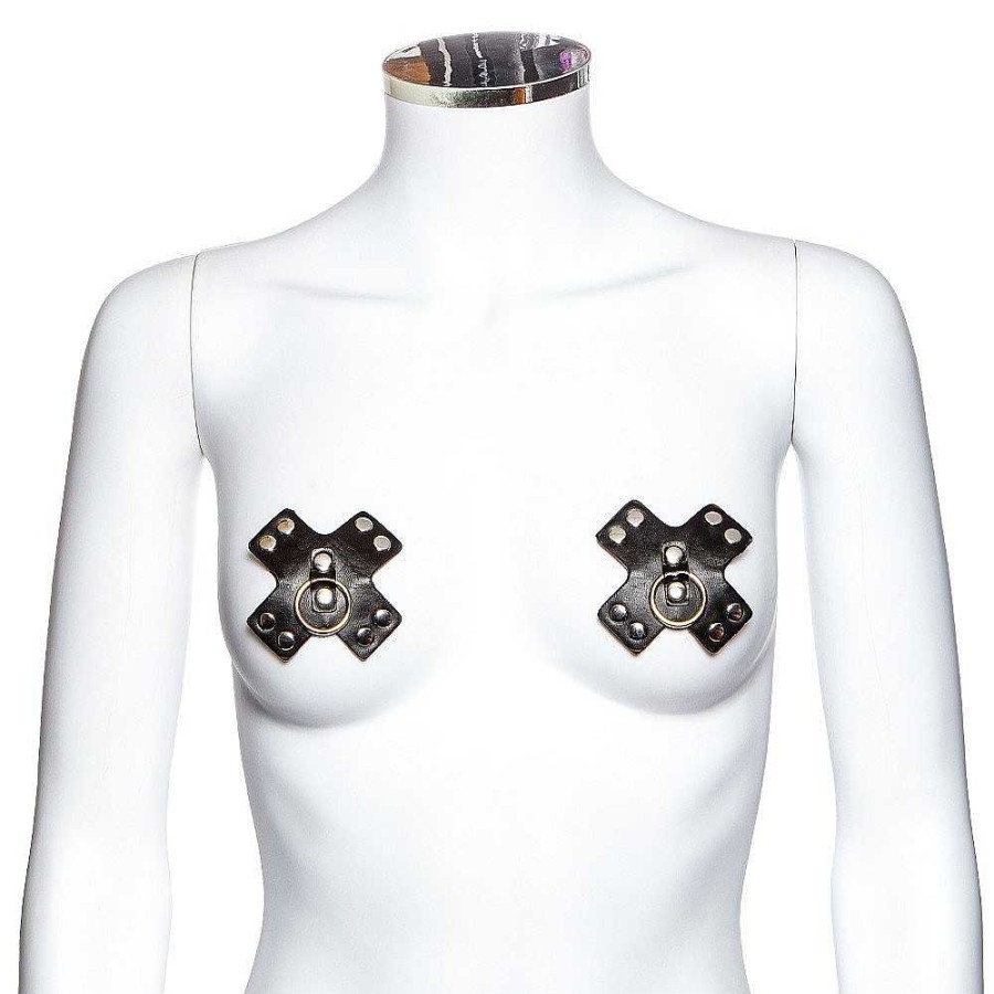 Bondara Siren Bondara Siren Tethered Pvc O-Ring Cross Nipple Pasties Black Fetish Clothing