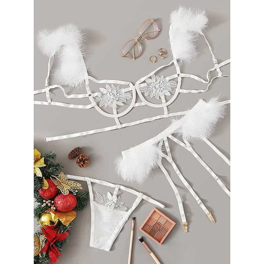 Bondara Flirt Bondara Flirt Marabou Caged Bra, Suspender Belt & G-String White Sexy Lingerie For Women